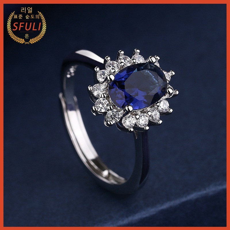 Cincin Pertunangan Wanita Batu Permata Oval Biru Tua Berkilau Zirconia Berlian