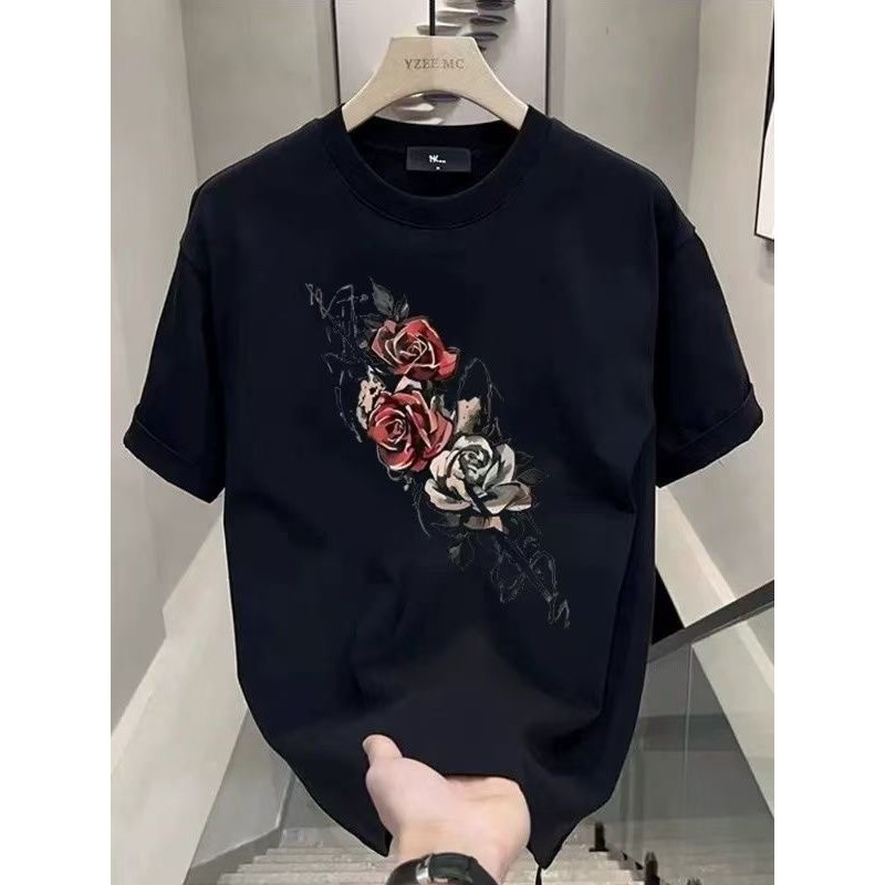 Kaos Lengan Pendek Oversize Pria Wanita - Sablon Mawar Retro Streetwear Keren, Tiga Warna Pilihan (H