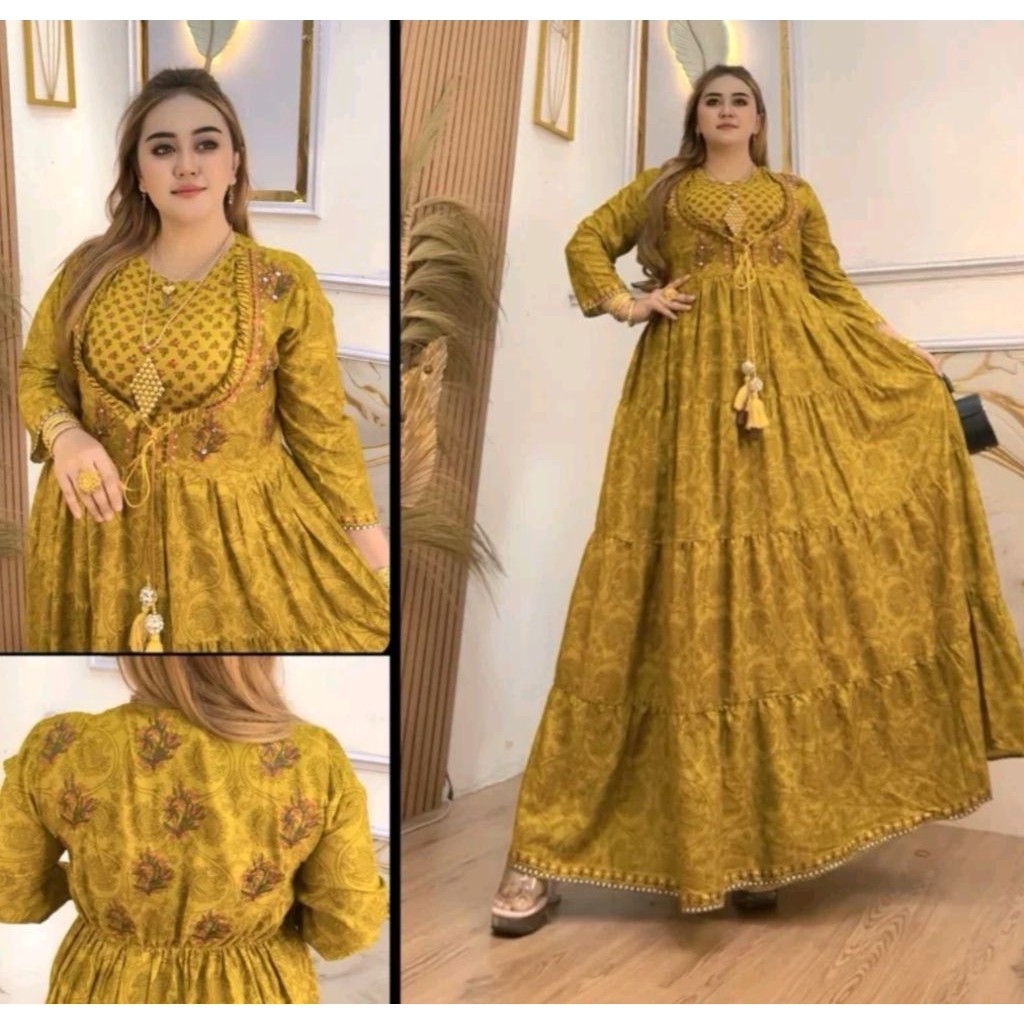 Gamis Rayon Hindi Bordir Nayira – Adem, Flowy, Karet Pinggang Fleksibel, Tali Depan Cantik Standart 