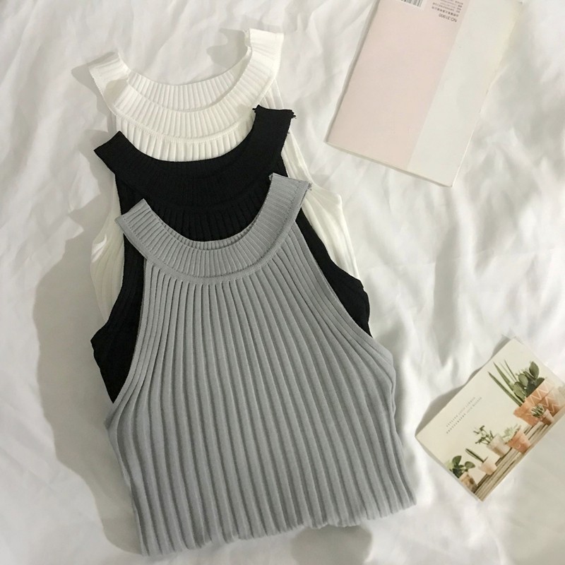 Rompi Rajutan Atasan Pendek Suspender Tanpa Lengan Wanita