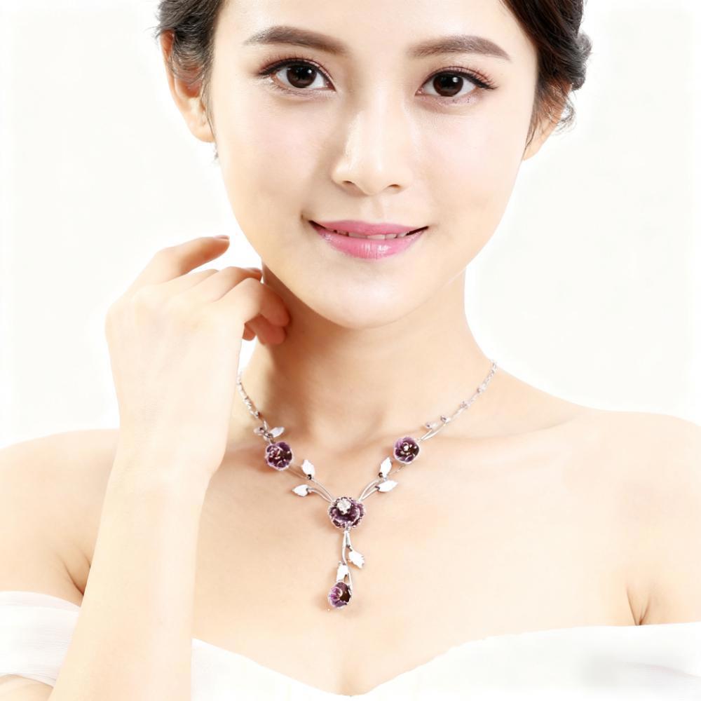 Glamorousky Kalung Mawar Elegan dengan Kristal Austria Ungu Berkilau, Perhiasan Wanita Mewah untuk G