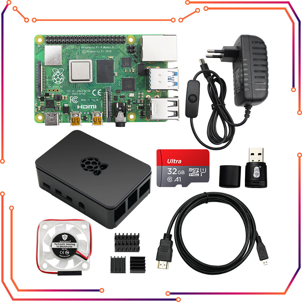 Raspberry Pi 4 8GB 4GB 2GB Kit + Power Adapter + ABS Case + 32G 64G Card + Reader + Heat Sink for Ra