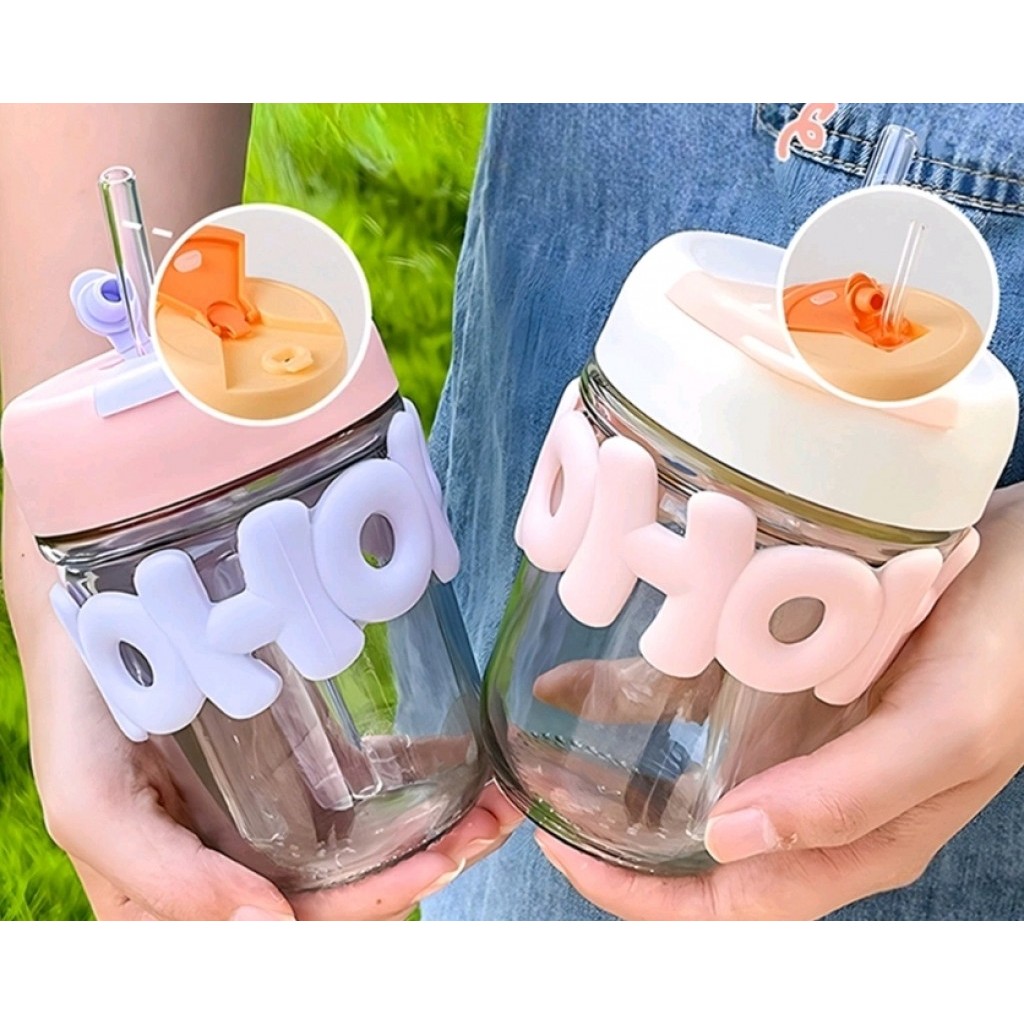 GELAS KACA HOHO 350ML+SEDOTAN KACA/TUMBLER KACA/BOTOL KACA/SOUVENIR GELAS/SOUVENIR MURAH