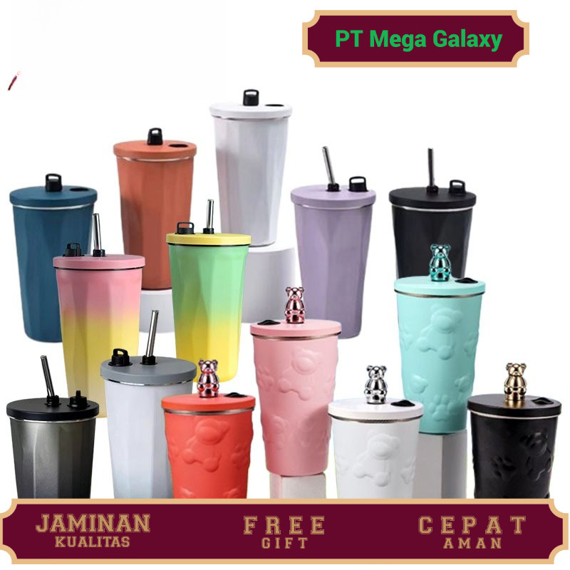 Heenoor Botol Termos Tumbler Geometris Gradasi & Bear Kopi-Teh Vacuum Insulated+Straw SUS 304 | 600M