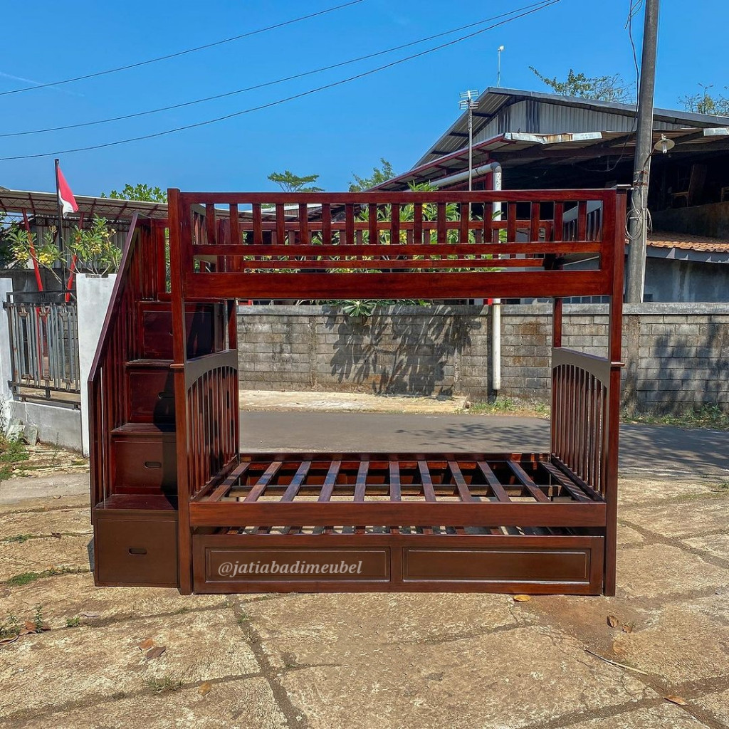 Tempat Tidur Dipan Ranjang Susun Anak Tingkat Laci Minimalis Kayu Jati
