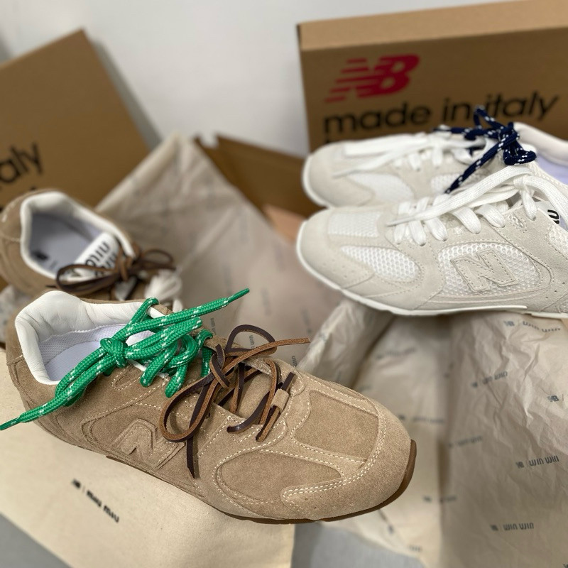 Haute - Miu x NB Suede Sneakers Ecru Cinnamon White Ready Stock