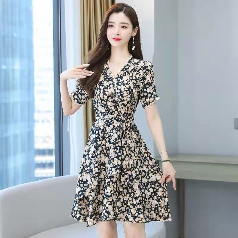 dress bunga korea/dress bunga baru gaun sifon bunga kecil V-neck seksi mid-length sahziasasarano