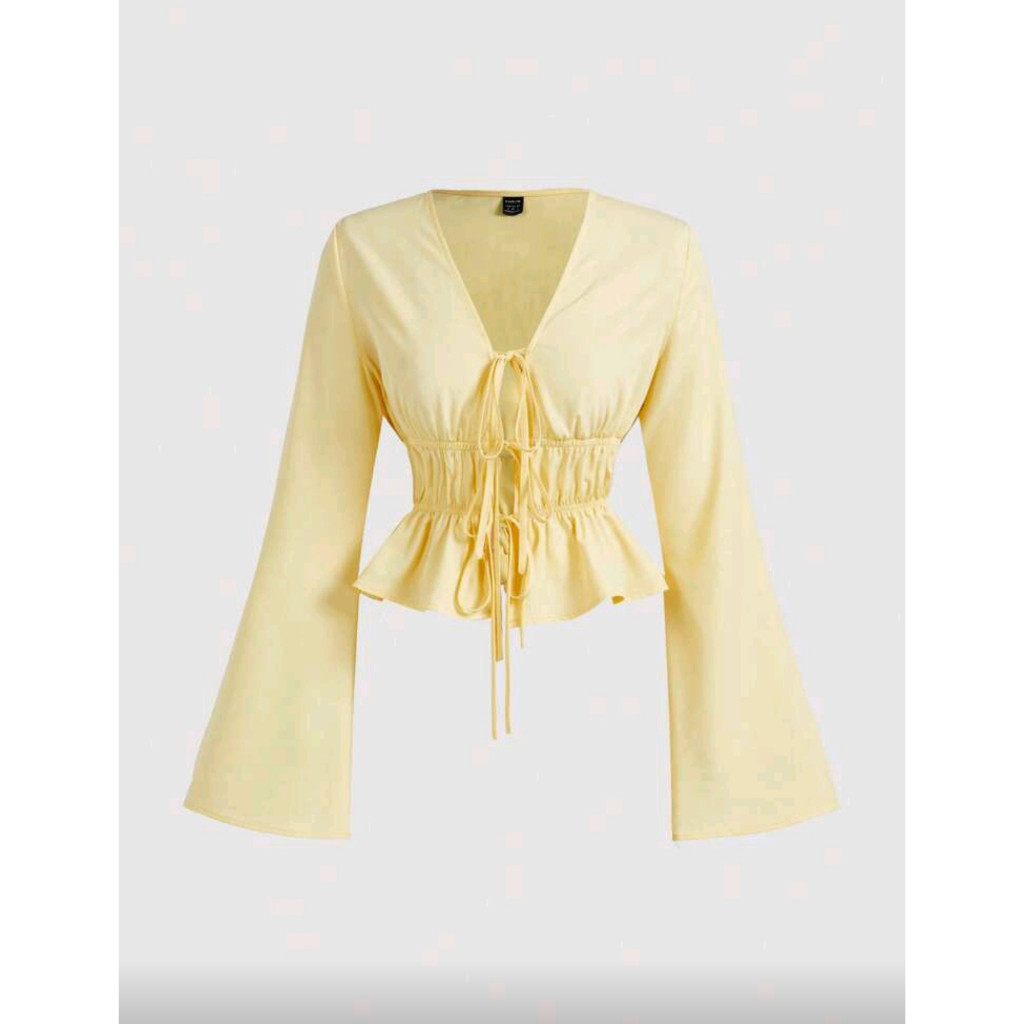 Mod Yellow Women's Tie Front Flare Sleeve Blouse