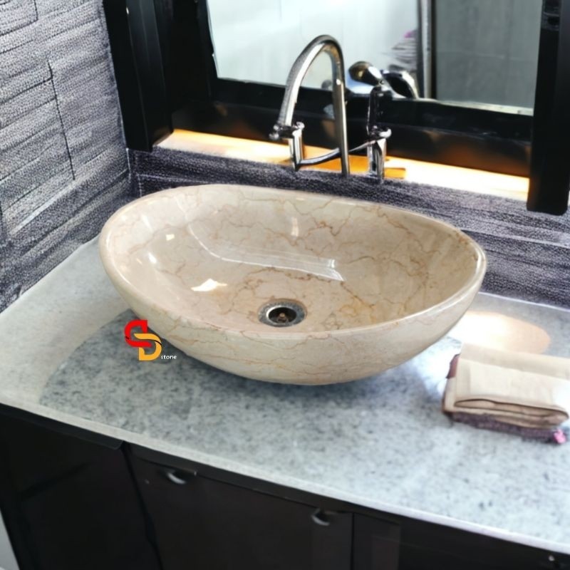 Wastafel  marmer oval | Super Aesthetic glossy | Kamar Mandi minimalis | Cucitangan Set | Wastafel M