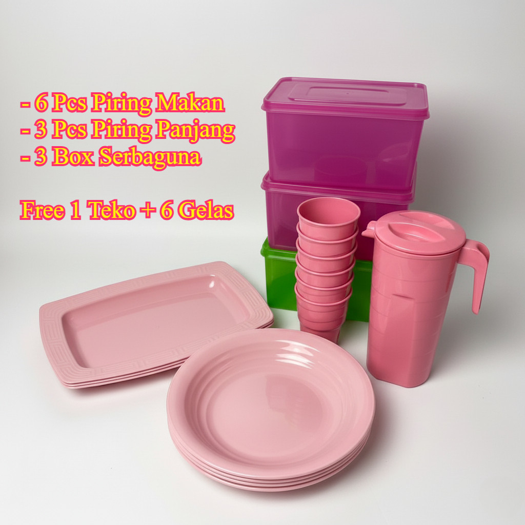 (19 Pcs) Piring Set Box Sayur Serbaguna Piring Aesthetic Piring Saji Set Free 1 Teko 6 Gelas