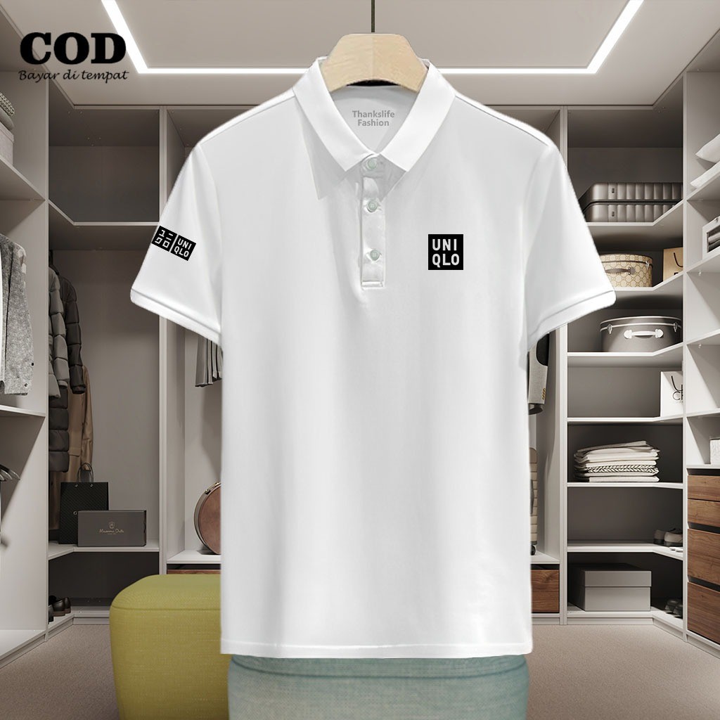 TERBARU  Polo Kerah Uniqlo + Lengan Text Hitam Kaos Polo T Shirt Denim Premium Quality Atasan Pria W