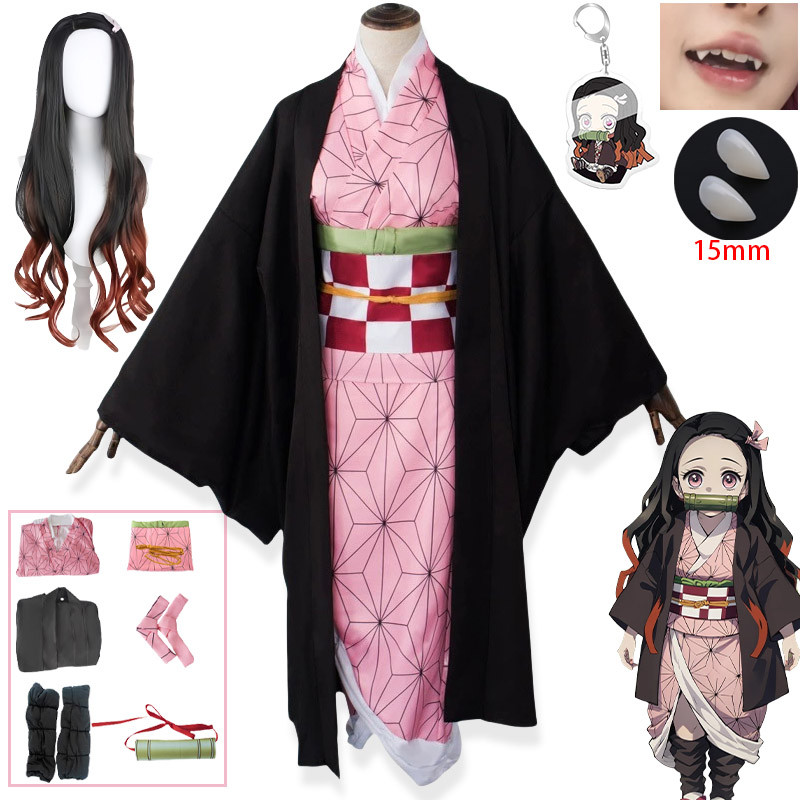 Anime Nezuko Cosplay Kamado Nezuko Cosplay Costume Nezuko Wig Uniform with Props for Adult Halloween