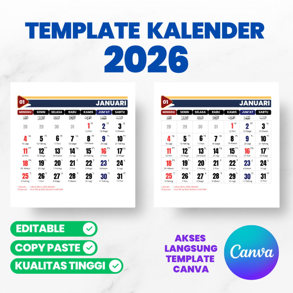 Template Canva Kalender 2026 Editable Mudah digunakan