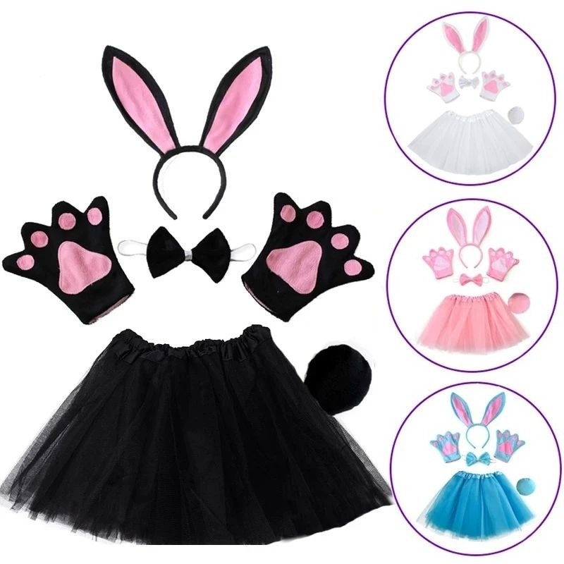 CLEARSHOP Kostum Anak Perempuan Model Hewan Kelinci (Kostum Anak Kelinci Rok Tutu+Pita+Ekor+Bondu Ke