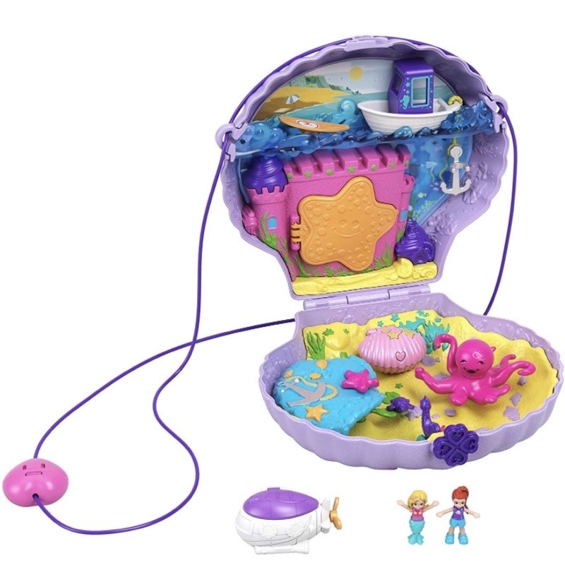 Polly Pocket Tiny Power Seashell Purse Compact With Wearable Strap, Fun Under-The-Sea, Micro Polly &