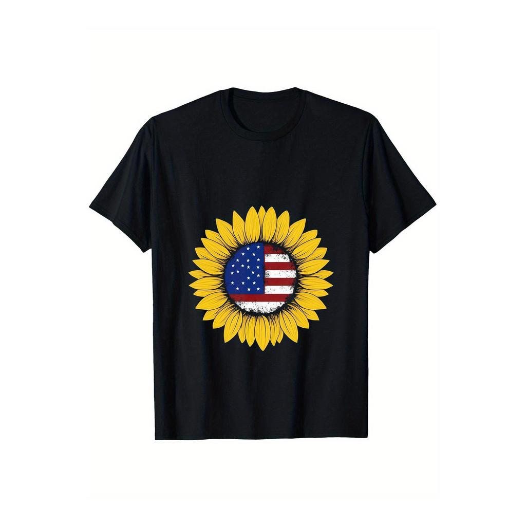 Kaos Pria Patriotik Bunga Matahari Bendera Amerika Katun Lengan Pendek