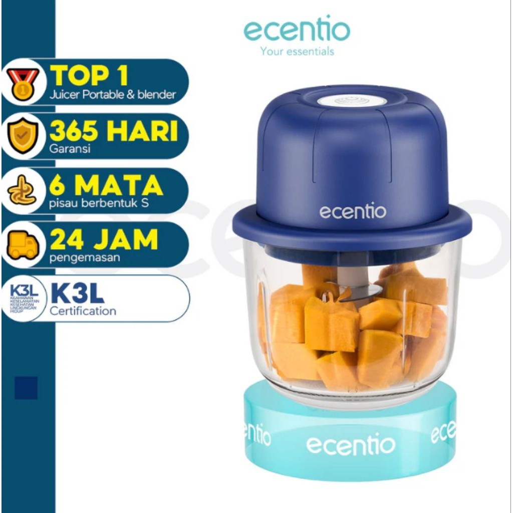 Ecentio Chopper Mini 6 Pisau 350ml Kaca Blender Portable Chopper Bumbu BPA Free