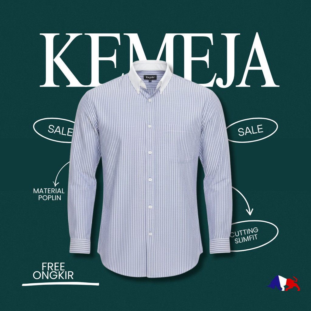 RICARDO kemeja pria strip BIRU lengan panjang 32378