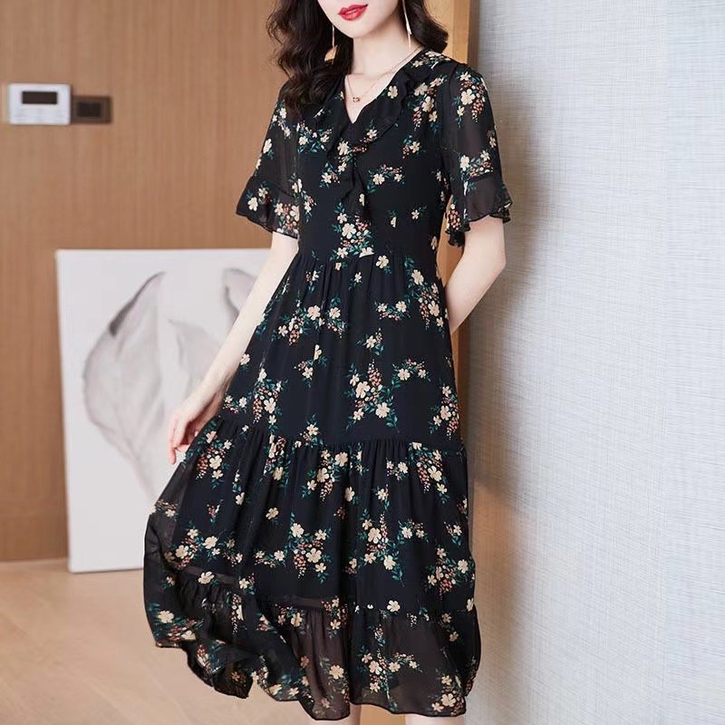 baru gaun bunga v-neck rok midi temperamen dress korea   long dress flower dress bunga korea sahzias