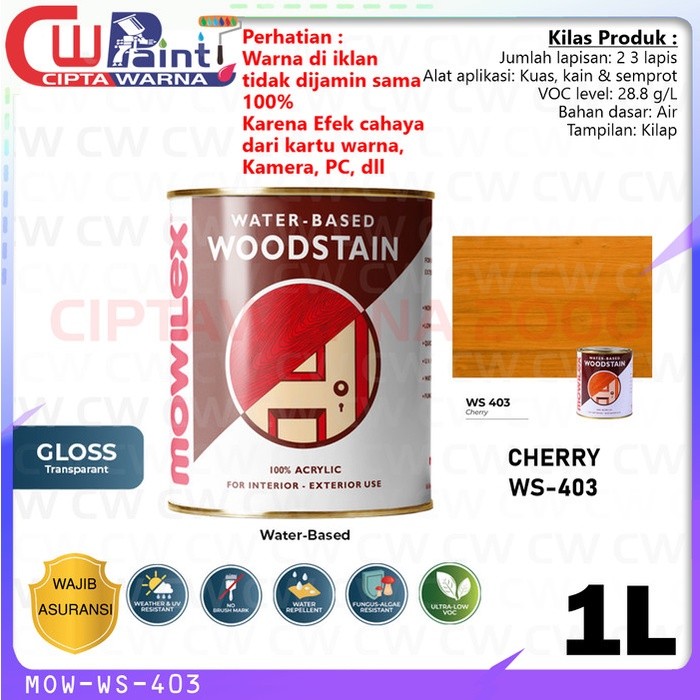 Mowilex Woodstain WaterBased Cat Pelapis Kayu Warna Cherry 403 1 Liter - B5 CWS
