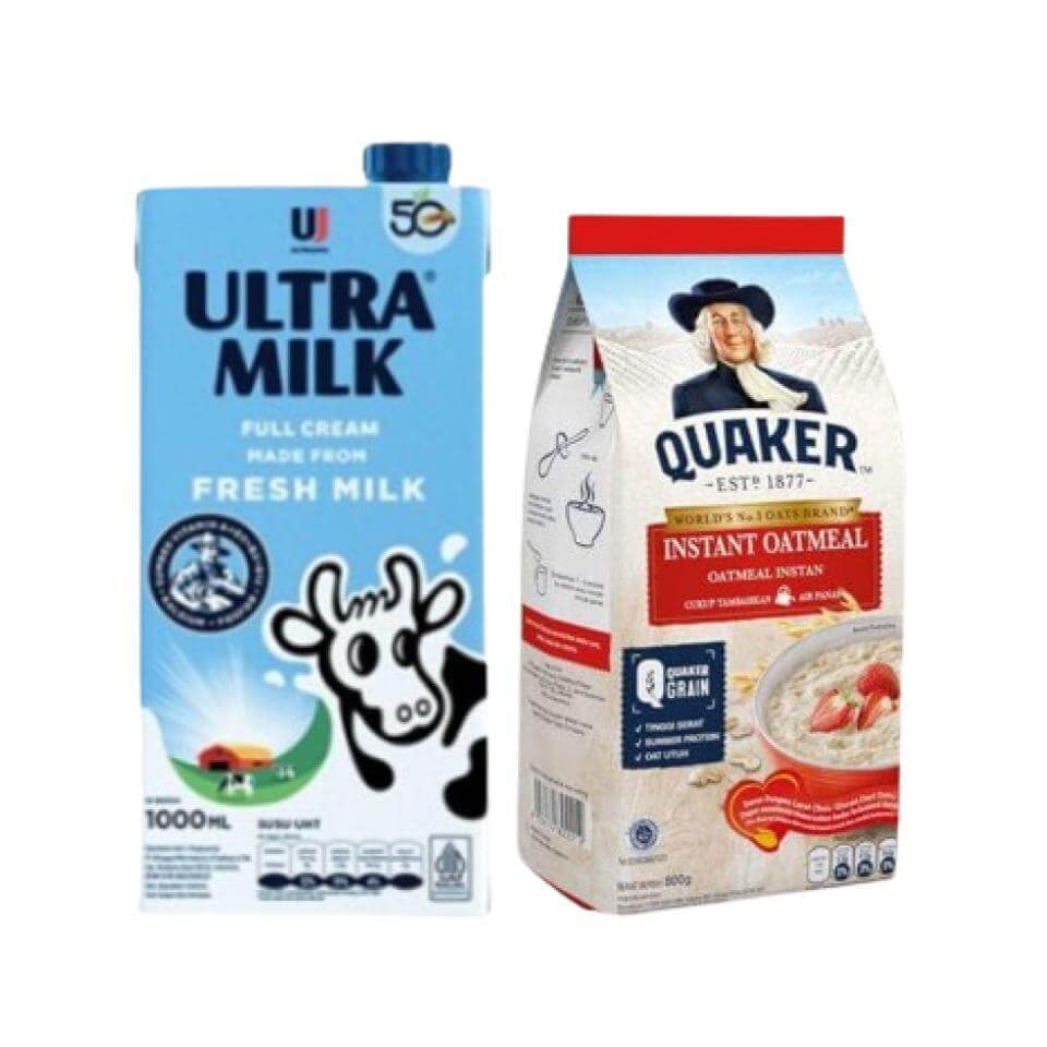 Bundling Ultra Milk Susu UHT Full Cream 1 L & Quaker Oatmeal Instant 800 gr