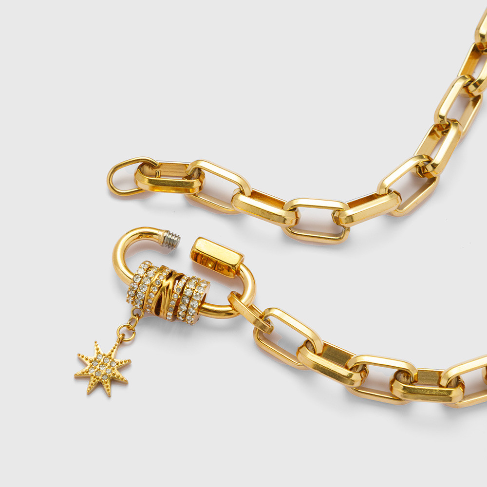 Waterproof Jewelry 18k Gold Plated unky ain Carabiner Necklace Stainless Steel Pave arismatic Zircon