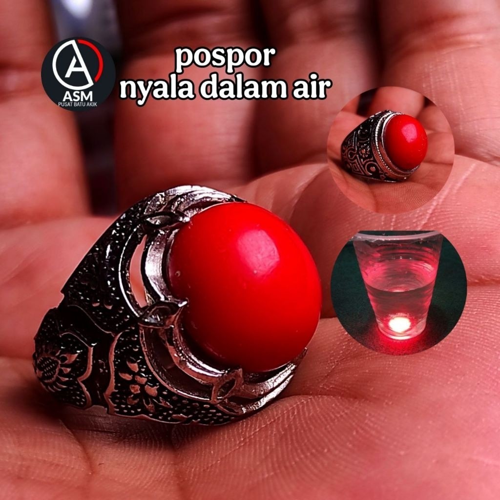 Cincin Batu Akik pospor merah menyala kena air