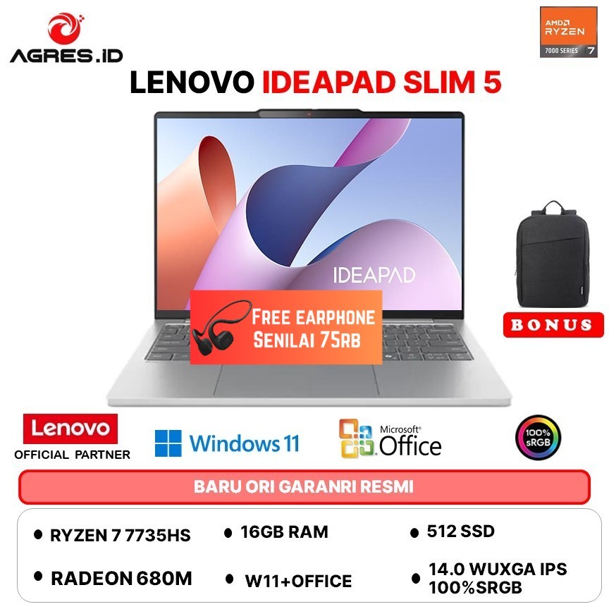 LENOVO IDEAPAD SLIM 5 13 RYZEN 7 7735HS - RAM 16GB 512GB W11+OHS 13.3WUXGA 100SRGB -3VID