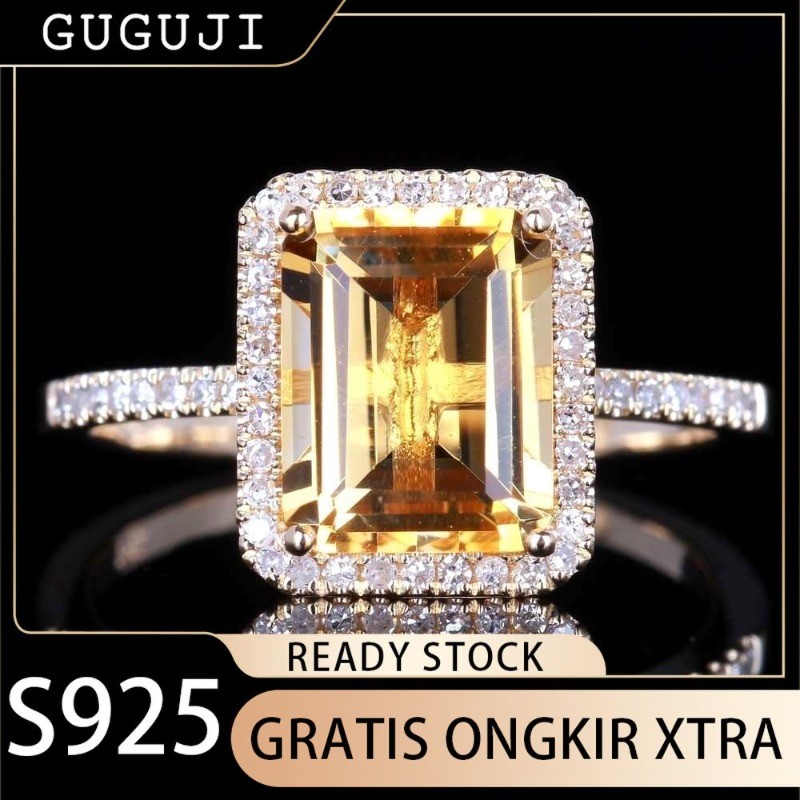 GUGUJI Cincin Tunangan Berlian Persegi Warna Champagne Fashion Mikro Pave Cluster Inlaid Cincin Batu