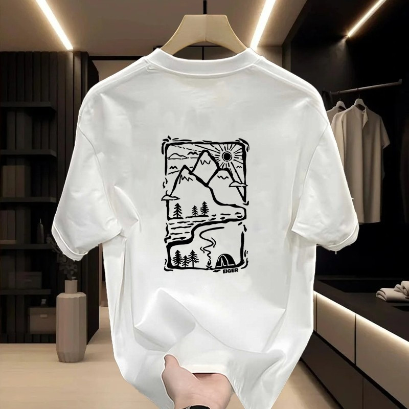 [COD Outlets Katun 100%] EIGER Kaos Gaya Seni Garis Putih Gunung Lanskap 100%Original Design Kaos T-