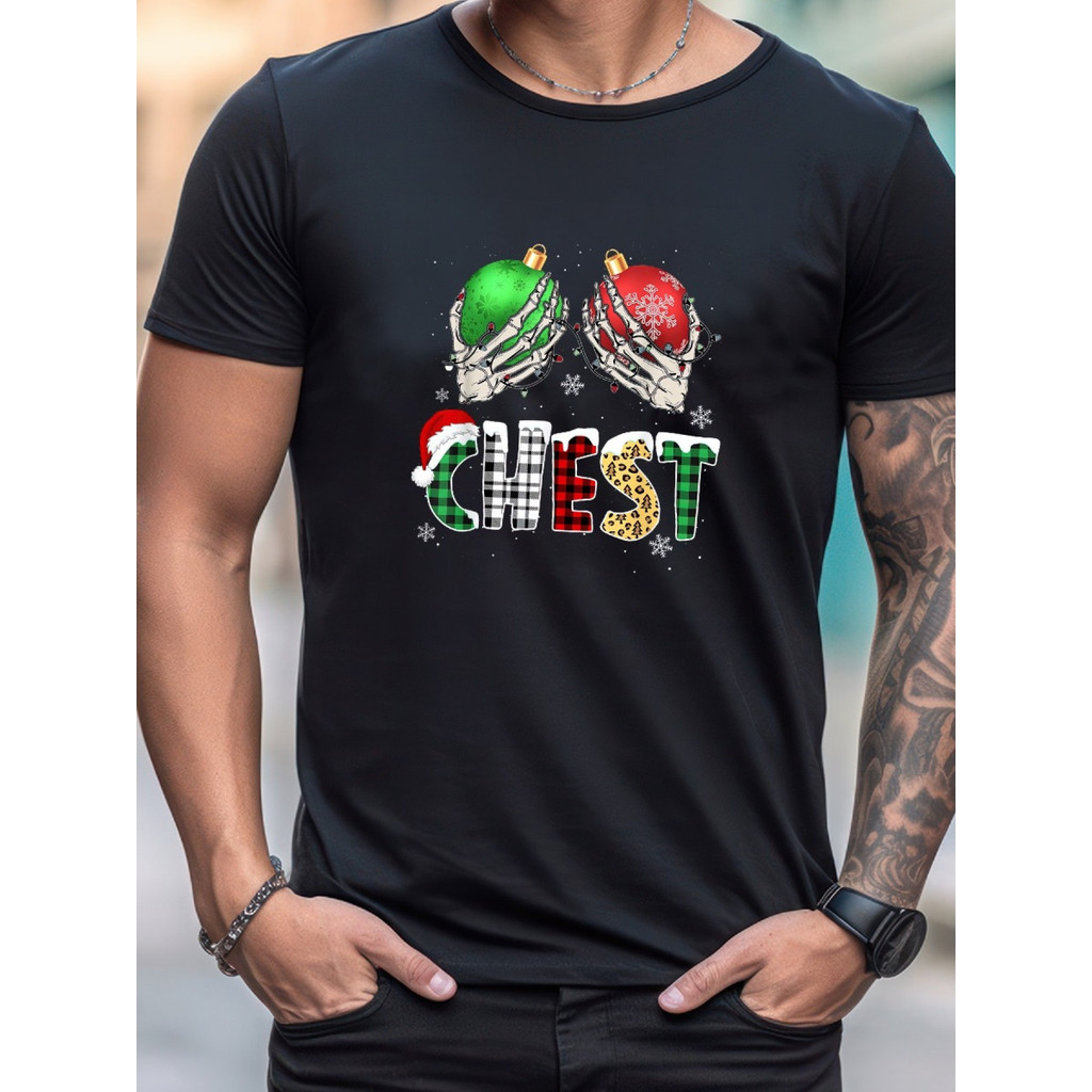 Men's Funny Christmas T Shirt Black Shirt with Festive 'Chest' Print Holiday Party Outfit Breathable