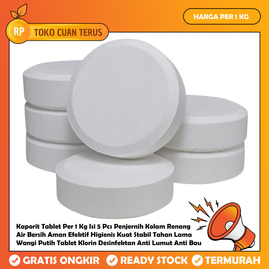 Kaporit Tablet Air Bersih Kolam Renang 1 Kg Isi 5 Pcs Penjernih Klorin Ukuran 3" In Inci Inch Inchi 