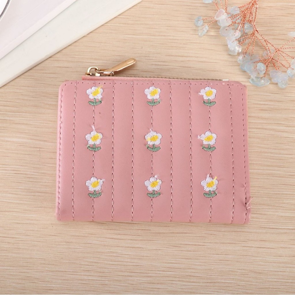 Dompet Pendek Sederhana Wanita Bordir Baru Pemegang Kartu Dompet Kecil Dua Lipat Bunga
