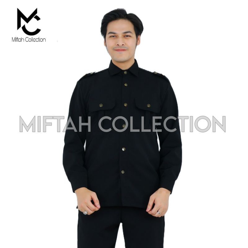 Baju Safari Security Tangan Panjang Satpam Hitam Pekat dengan Kancing Garuda - Pria, Safety