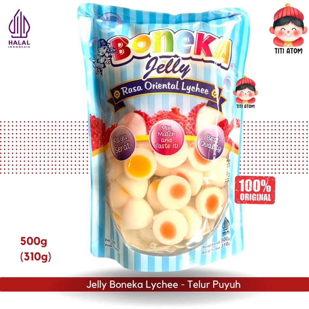 1 KARTON 20pcs Jelly Boneka Lychee Motif Telur Puyuh 500g – Cendol Jelly Rasa Leci Segar untuk Es Ca