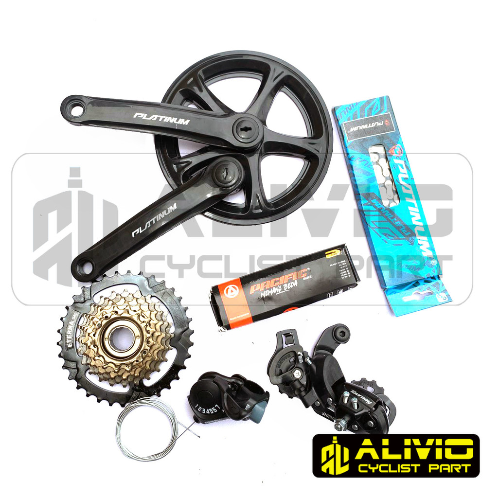 Groupset Crankset Gear Sepeda MTB 1 X 7 Speed Platinum 44T BB Pacific TY300 Eterna Megarange Drat/Ul