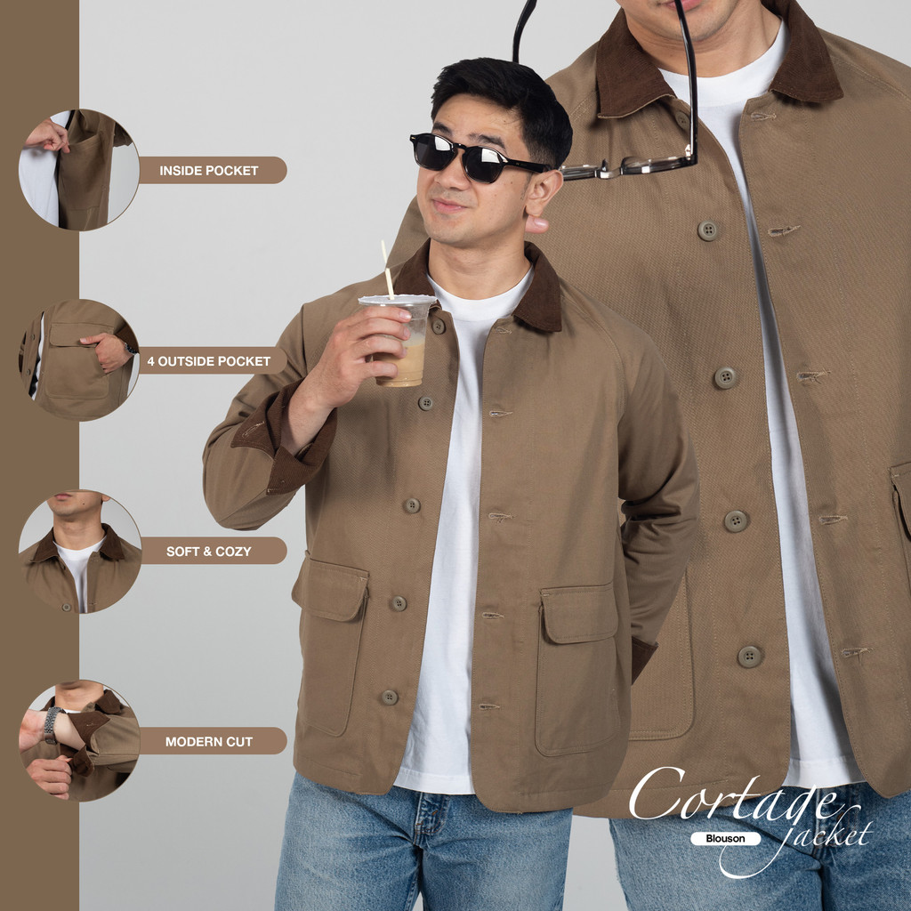 Jaket Polos Pria Kerah Corduroy WOODCUTTER Cortage Blouson Jacket - Brown - Work Multi Pocket