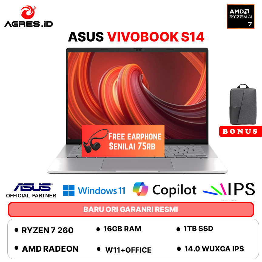 ASUS VIVOBOOK S14 M3407HA RYZEN 7 260 - RAM 16GB 1TB W11+OHS 14.0 WUXGA -VIPS7112M