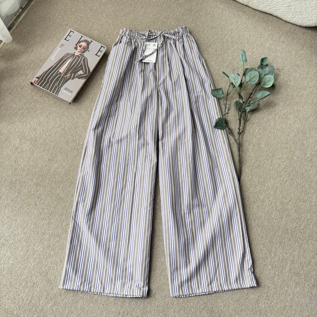 Stripe Pants Rainbow CVC - Celana Kulot Panjang Linen Tali Salur Simple Daily