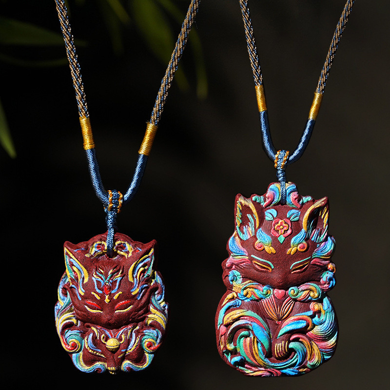 2025Hexiang Brand Carved and Painted Nine-Tailed Fox Pendant Necklace Peace Amulet Hexiang Bead Acce