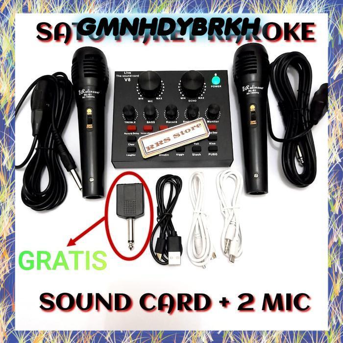 ALAT KAROKE MURAH SOUNDCARD V8 DAN MIC SATU PAKET Mixer mini  Broadcast Microphone V8 bluetooth - PA