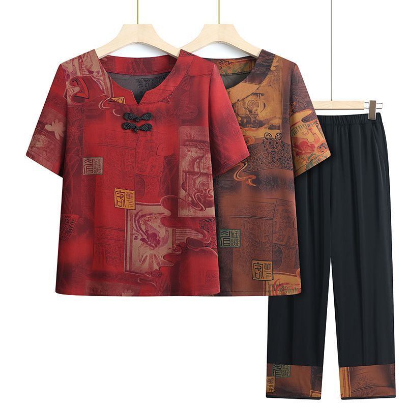 Cina angin nenek pakaian lengan pendek tipis wanita tua top celana orang tua pesta dua set