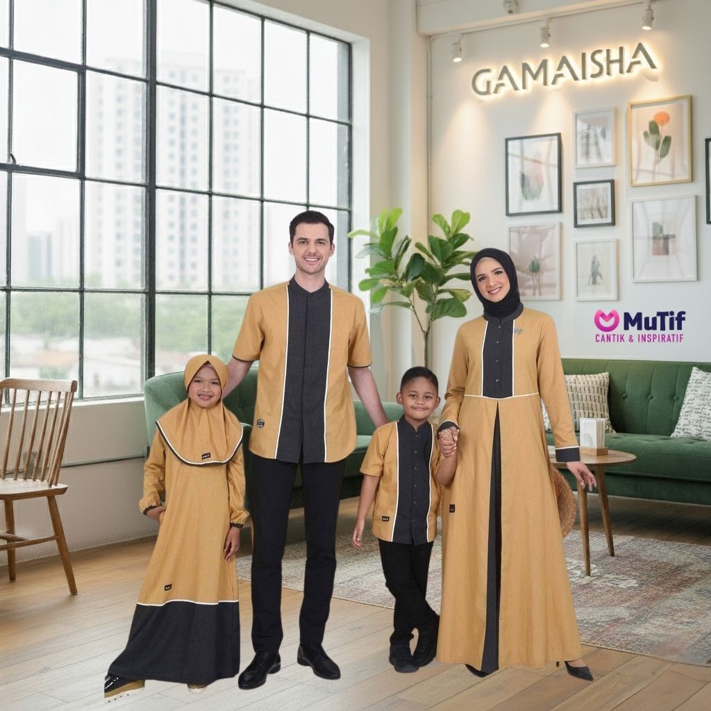 MUTIF Sarimbit couple keluarga baju lebaran 2026 Kalyla Khalil Yellow Koko Tangan Pendek dan Gamis P