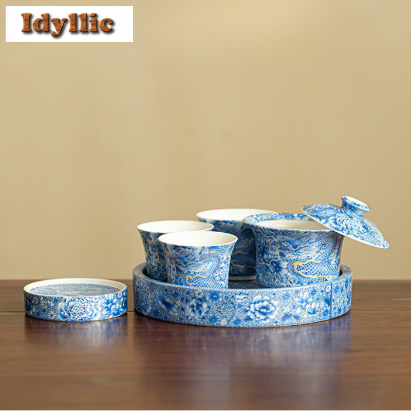 Blue And White Hovering Gaiwan Tea Set Complete Set Vintage Tea Ceremony Set Teapot And Tea Cup Set 