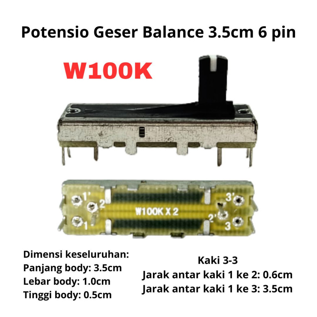 Potensio Geser Balance 3.5cm 6 pin W100K Stereo Kaki 3-3 Slide 3.5 cm Mixer 104