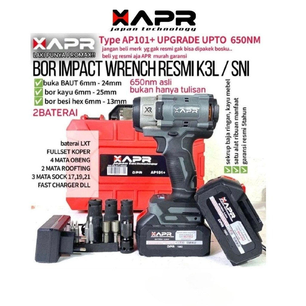 APR AP101+ Impact Wrench 650NM Pembuka Baut Roda Mobil dan Motor ORIGINAL XAPR