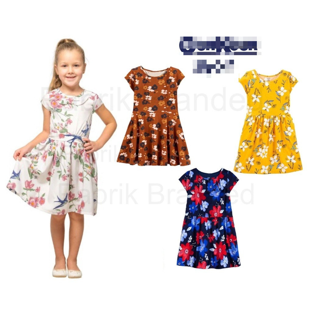 Pabrik branded 0shksh dress kids P2 2 3 7 years tahun cream coklat biru navy printed pir pear fruit 