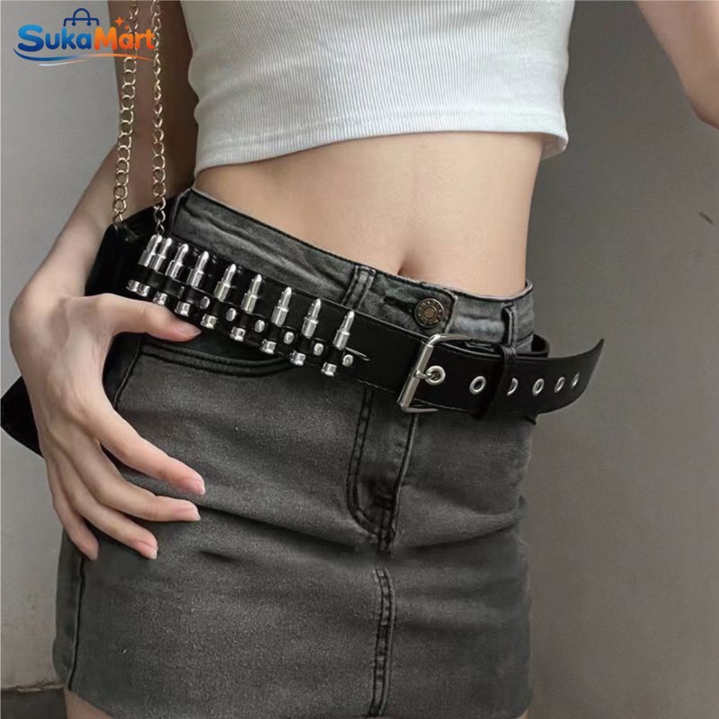 Fashion Belt Gaya Rock Sabuk Punk Desain Rivet Berongga Peluru untuk Pria Wanita Cocok Outfit Harian