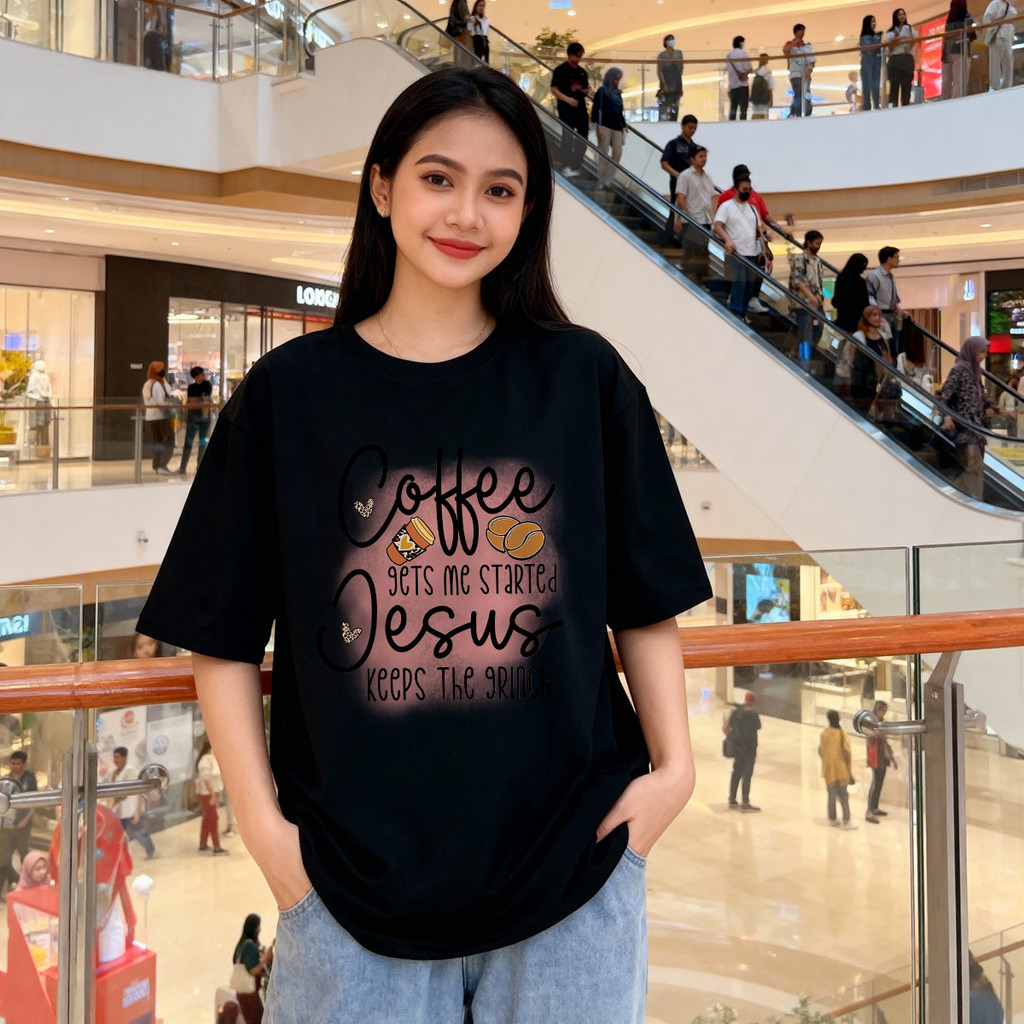 Distro Original 100% Coffee Jesus Coffee Cup Beans Heart Kaos Wanita Oversize Santai Pakaian Atasan 