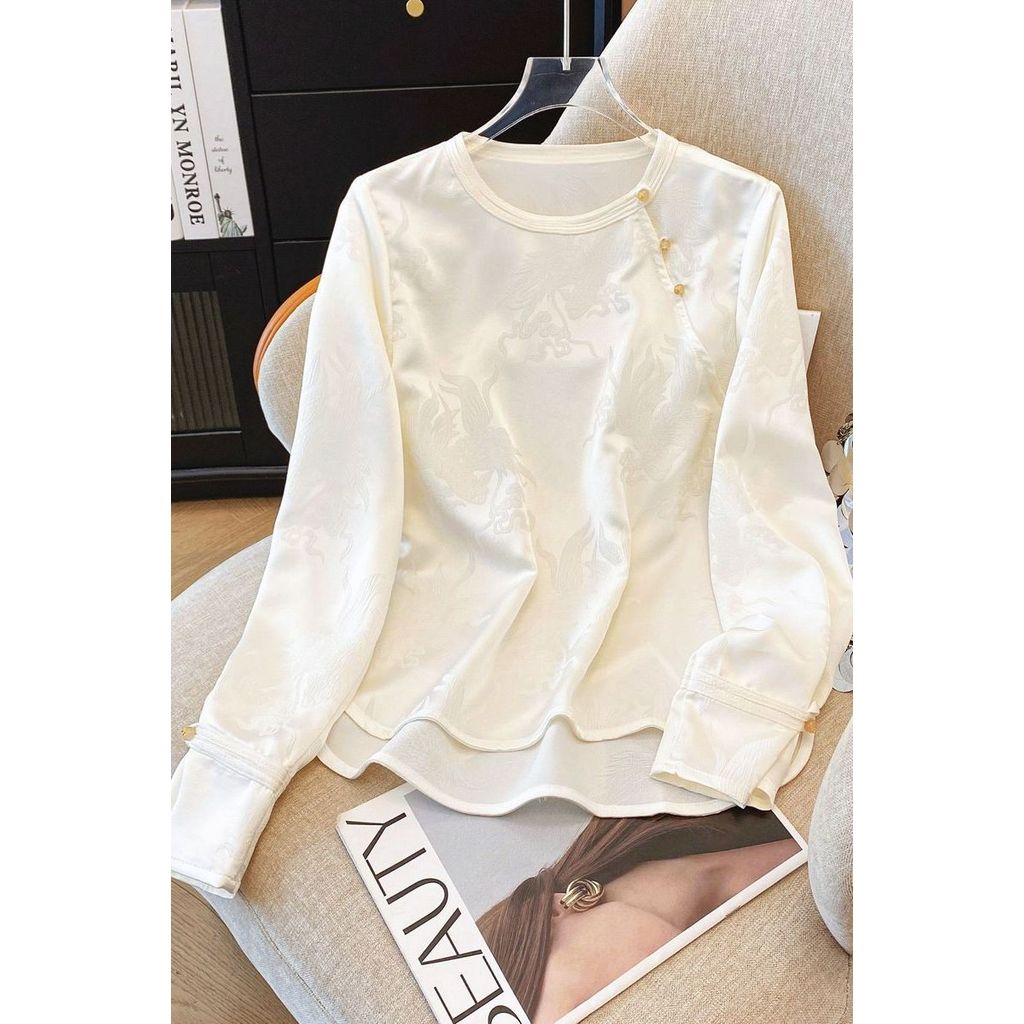 Kemeja satin jacquard putih wanita, kemeja kerah bulat, kemeja kerah bulat